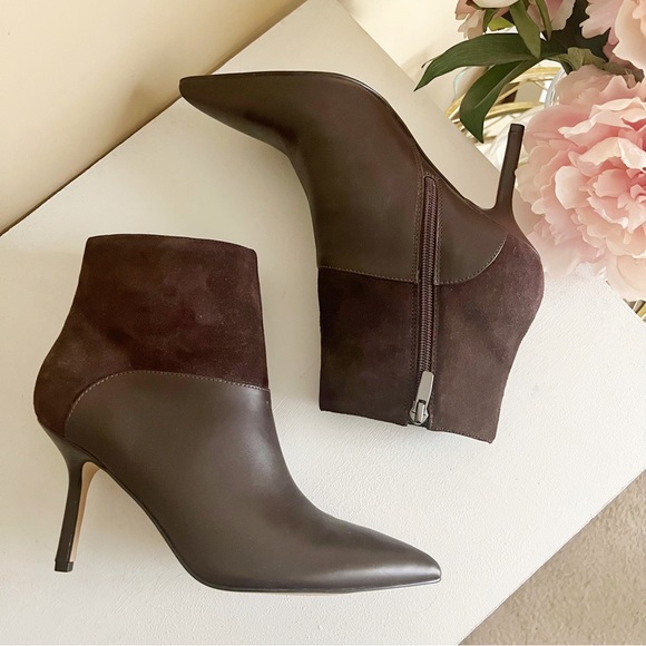 Brown Leather Suede Pointy Zip Ankle Boots - Picture 2 of 13